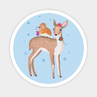 Christmas red deer and robin Magnet